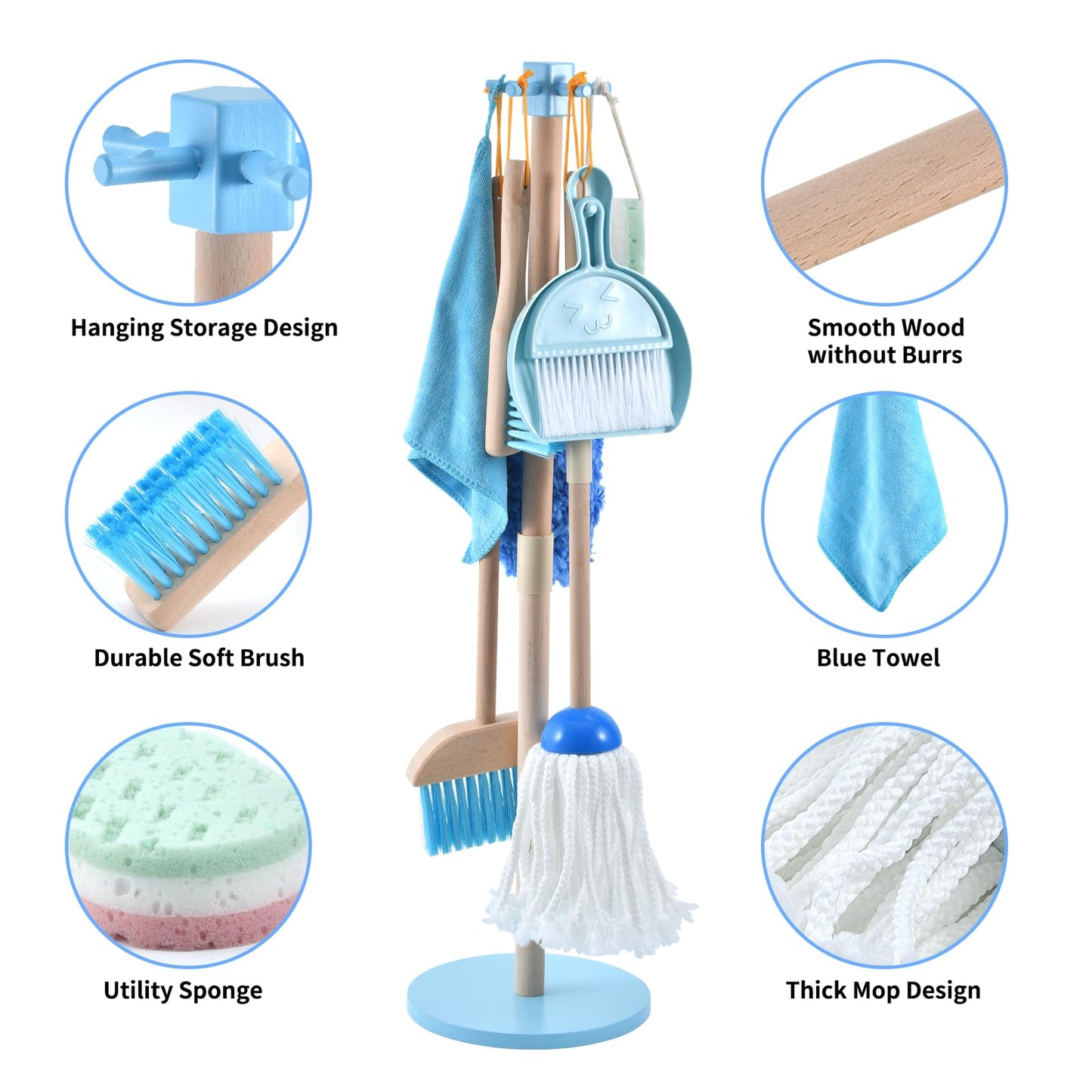 Whoholl Wooden Toddler Cleaning Set, Blue Toys Montessori Toys For 3+ Years Old Boy, Housekeeping Play Set Includes Broom Mop Du