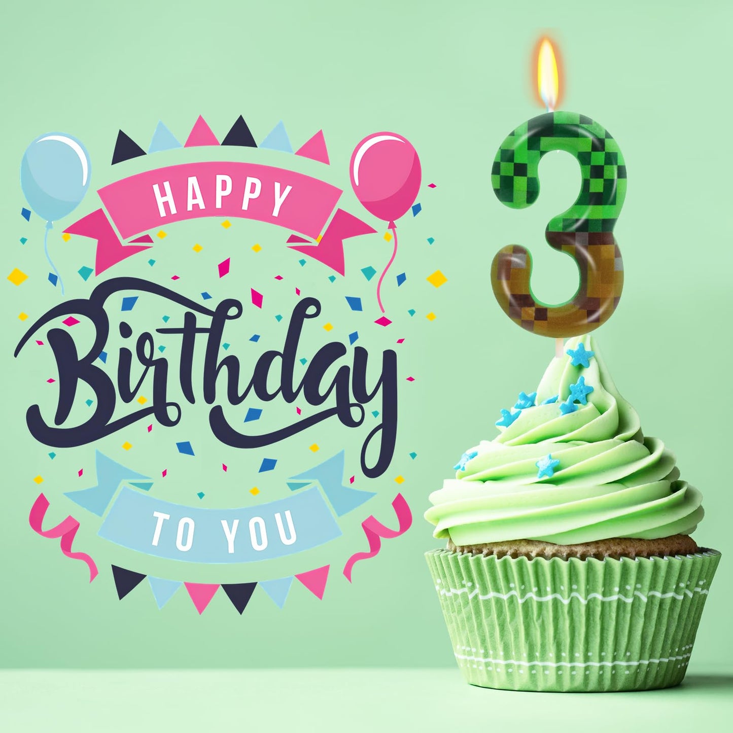 3rd Pixel Miner Birthday Candles, Pixels Cake Topper for Boys Girls, TNT Themed Birthday Decorations Party Supplies (Number 3)