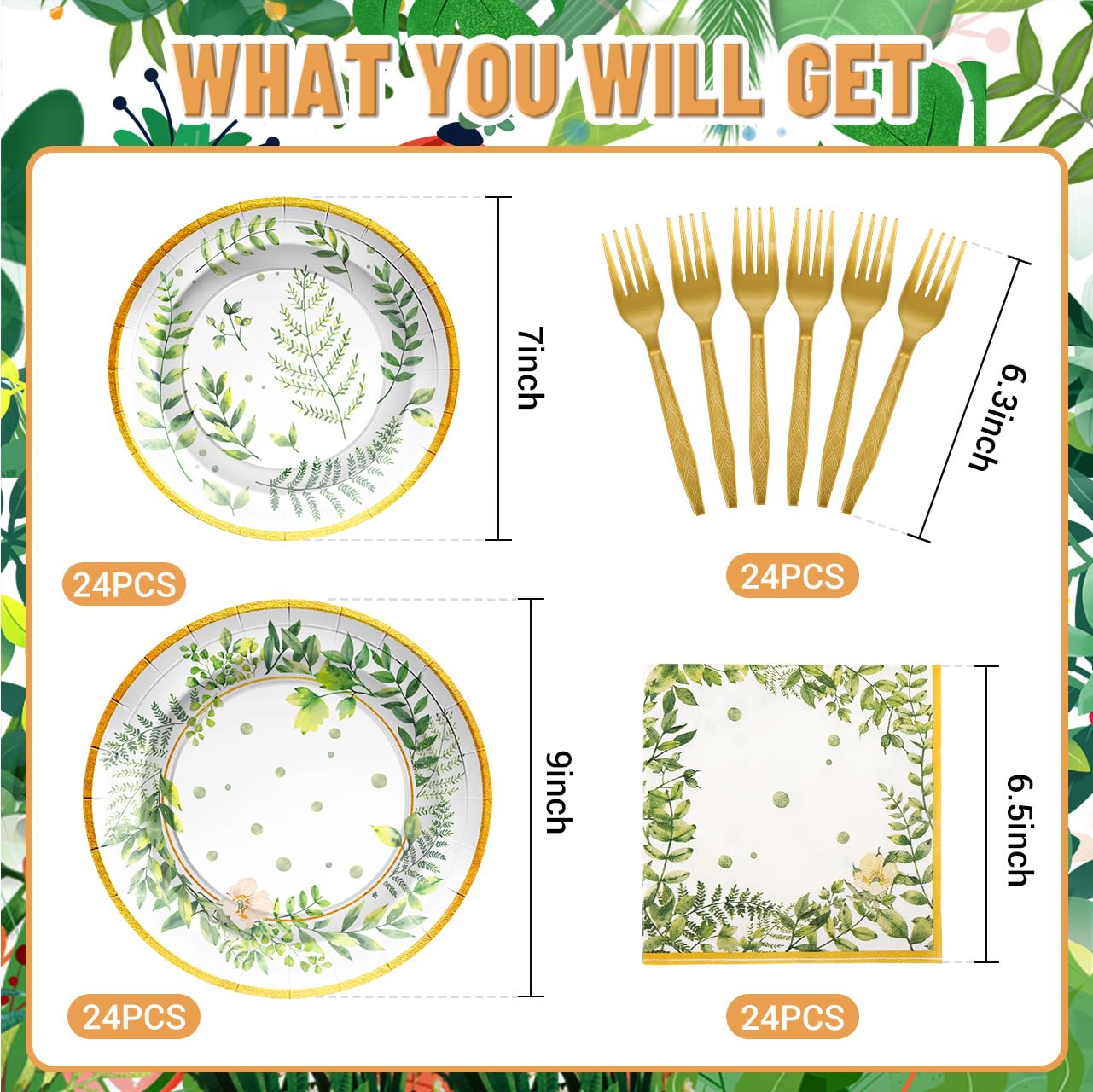 Scione 96Pcs Greenery Party Decorations Party Tableware Set, Jungle Baby Shower Themed Birthday Party Supplies Party Plates Napkins Forks For 24 Guests Kids Bridal Showers Party Decorations