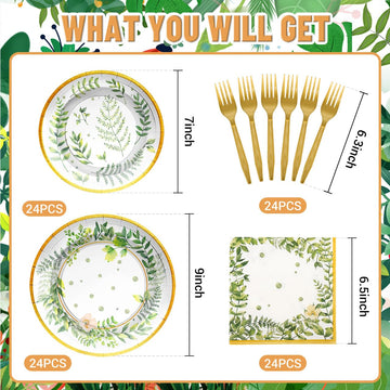 Scione 96Pcs Greenery Party Decorations Party Tableware Set, Jungle Baby Shower Themed Birthday Party Supplies Party Plates Napkins Forks For 24 Guests Kids Bridal Showers Party Decorations