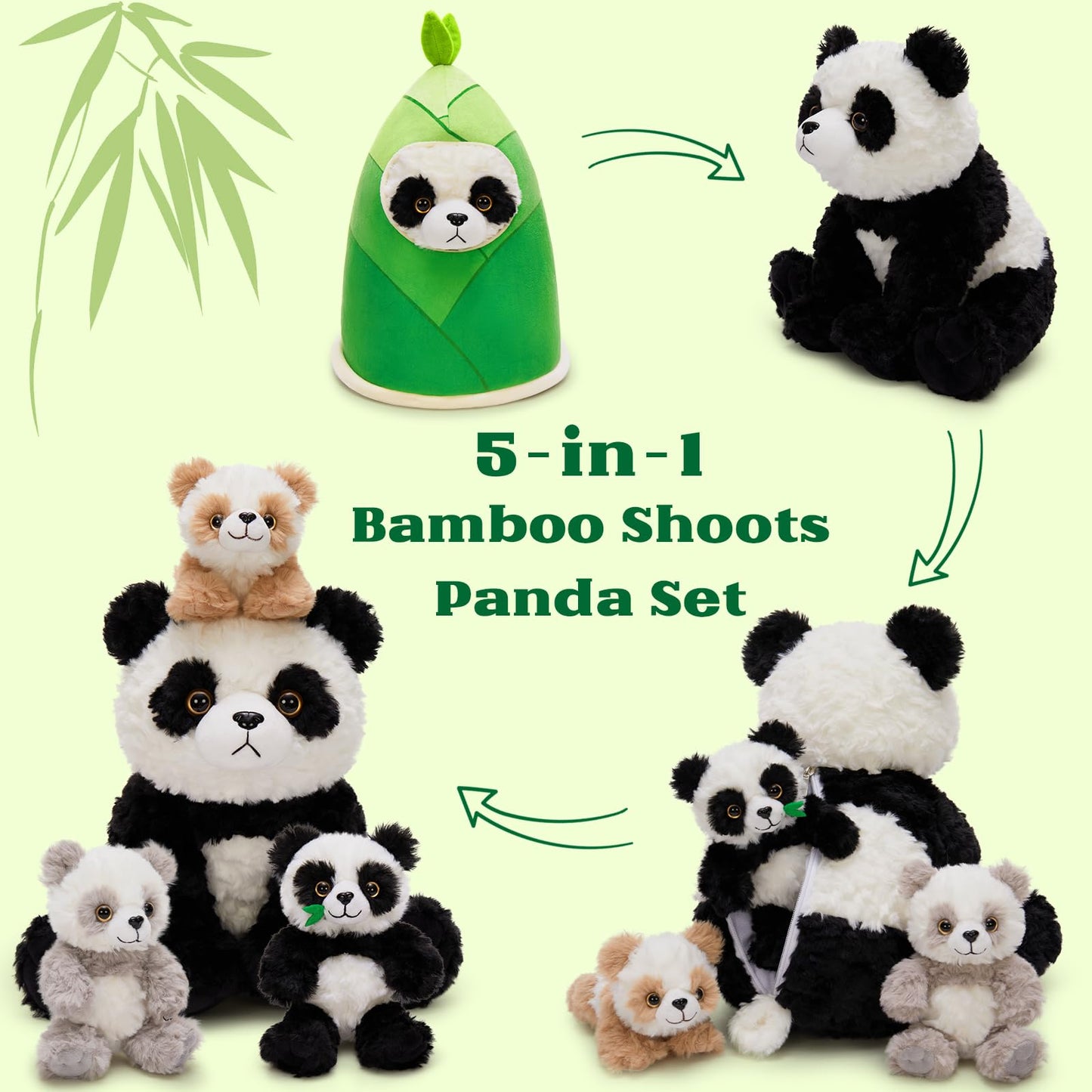 Tezituor Panda Stuffed Animal Set - 5-in-1 Plush Toy with Bamboo Hut, 10.6" White Polyester, Realistic Big Panda & 3 Babies