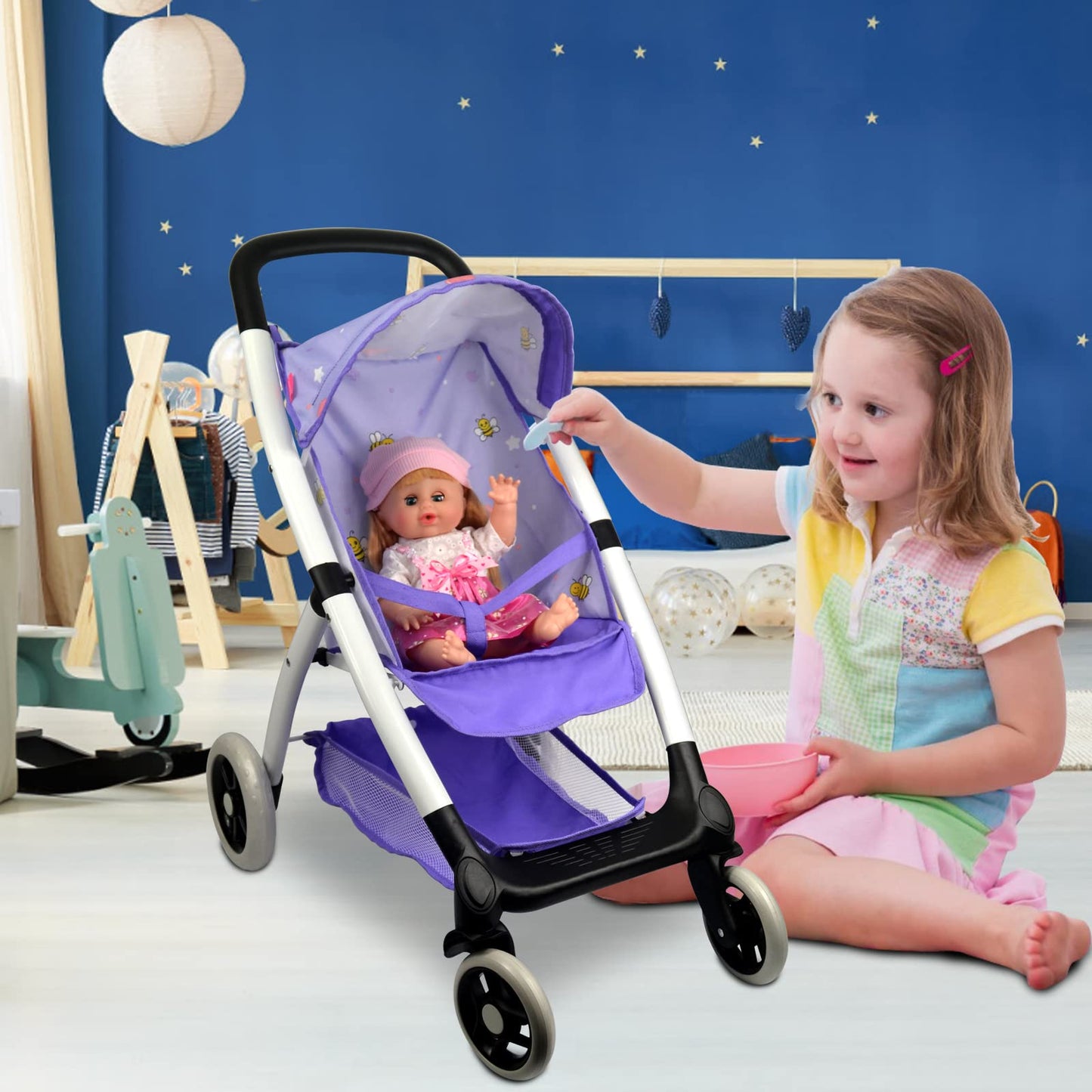 Baby Doll Stroller for 18 inches American Girl Dolls with Multi Function. (DA422-PURPLE)