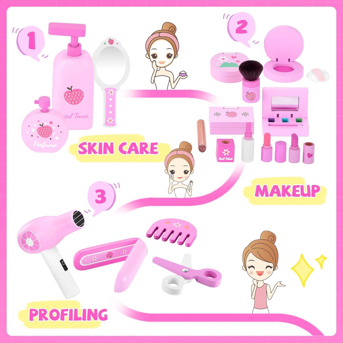 GAGAKU Wooden Makeup Toy Set Pretend Wood Beauty Hair Salon Toys for Toddler Wooden Makeup Kit for Girls with Styling Tools Chri
