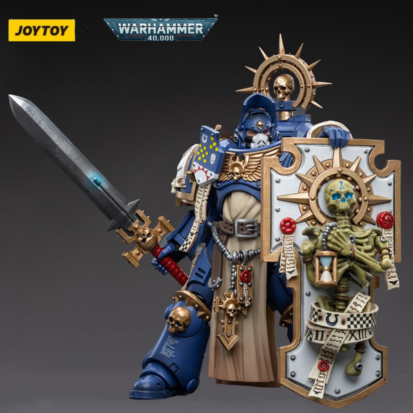 JOYTOY Warhammer 40 000 Action Figure 1/18 Ultramarines Primaris Captain with Relic Shield and Power decorative replica blade Collection Model Figures 4.88inch