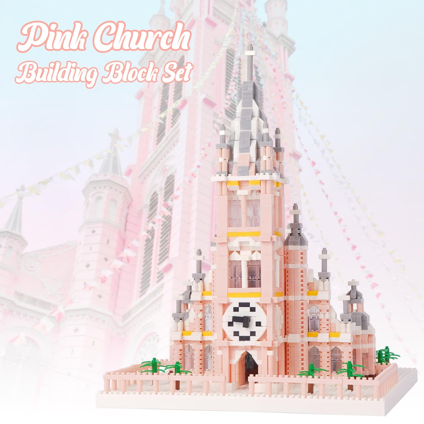 Geniteen Micro Mini Building Blocks Pink Church Model Building Set Famous Architecture Model Building Kit