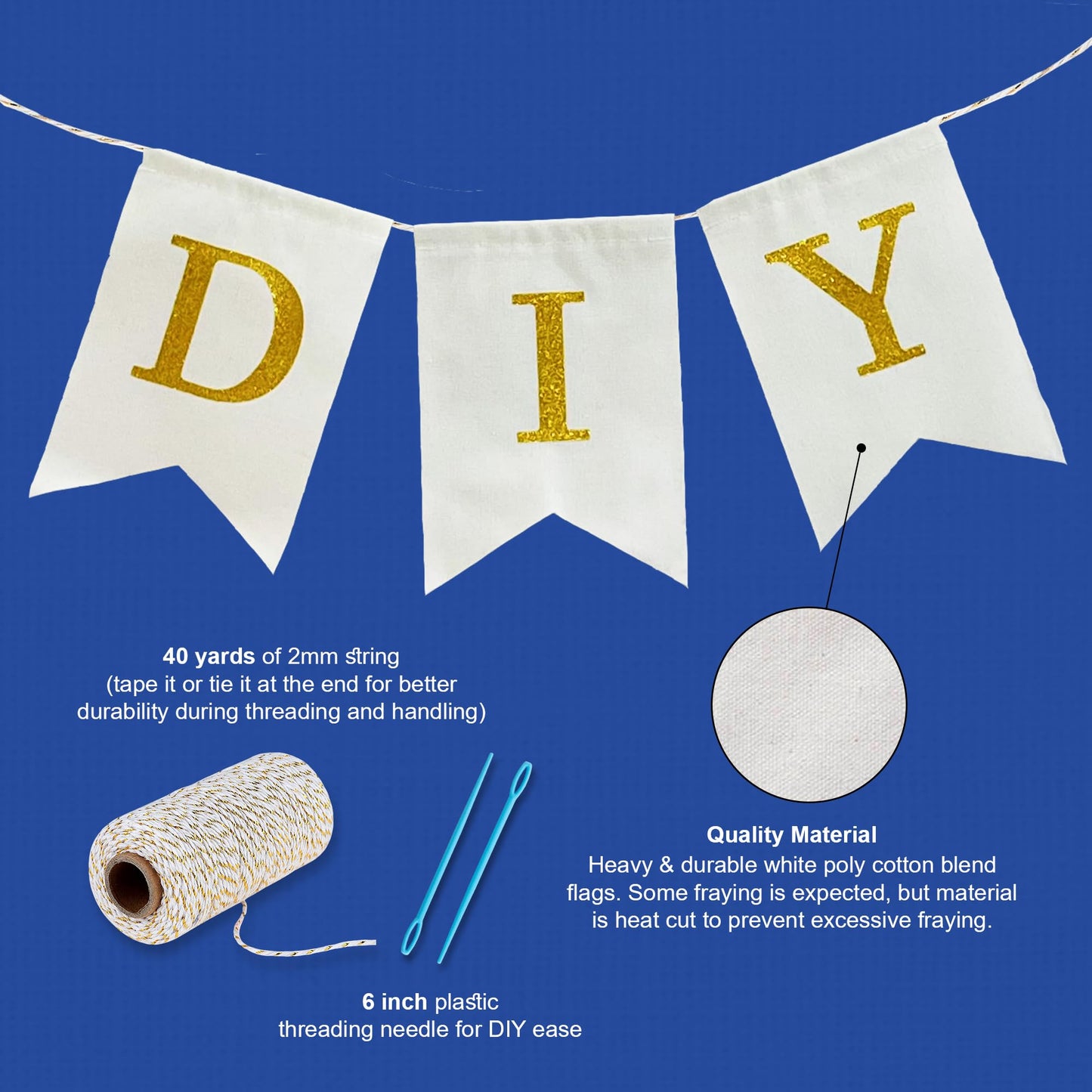 Custom Banner Kit, 97 White Cotton Canvas Flags With Gold Vinyl Printed Letters Numbers & Symbols, String & Needle, Diy Customiz