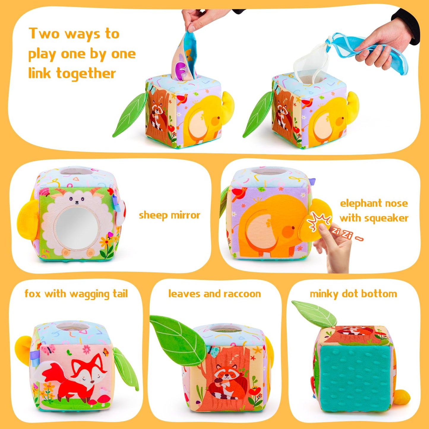Yeeeasy Baby Tissue Box Toy Montessori Toys For Infant 6,9,12,18 Months Sensory Tissue Box Toy With Mirror,Textured Tails,Squeak