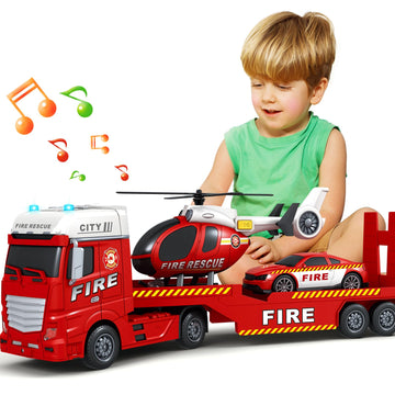 Bstoyder Toddler Boy Toys for 3 4 5 6 7 Years Old Kids, 25'' Semi Fire Truck Toy with Racing Car and Helicopter, Friction Powere