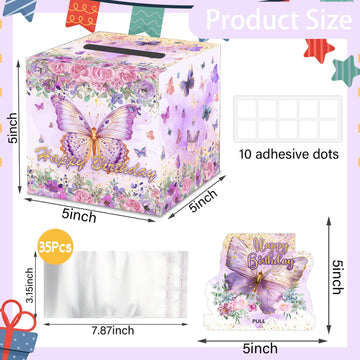 Shlinco Purple Butterfly Birthday Party Gifts, Birthday Gifts Money Pull Box For Butterfly Lover, Purple Theme Decorations, Them