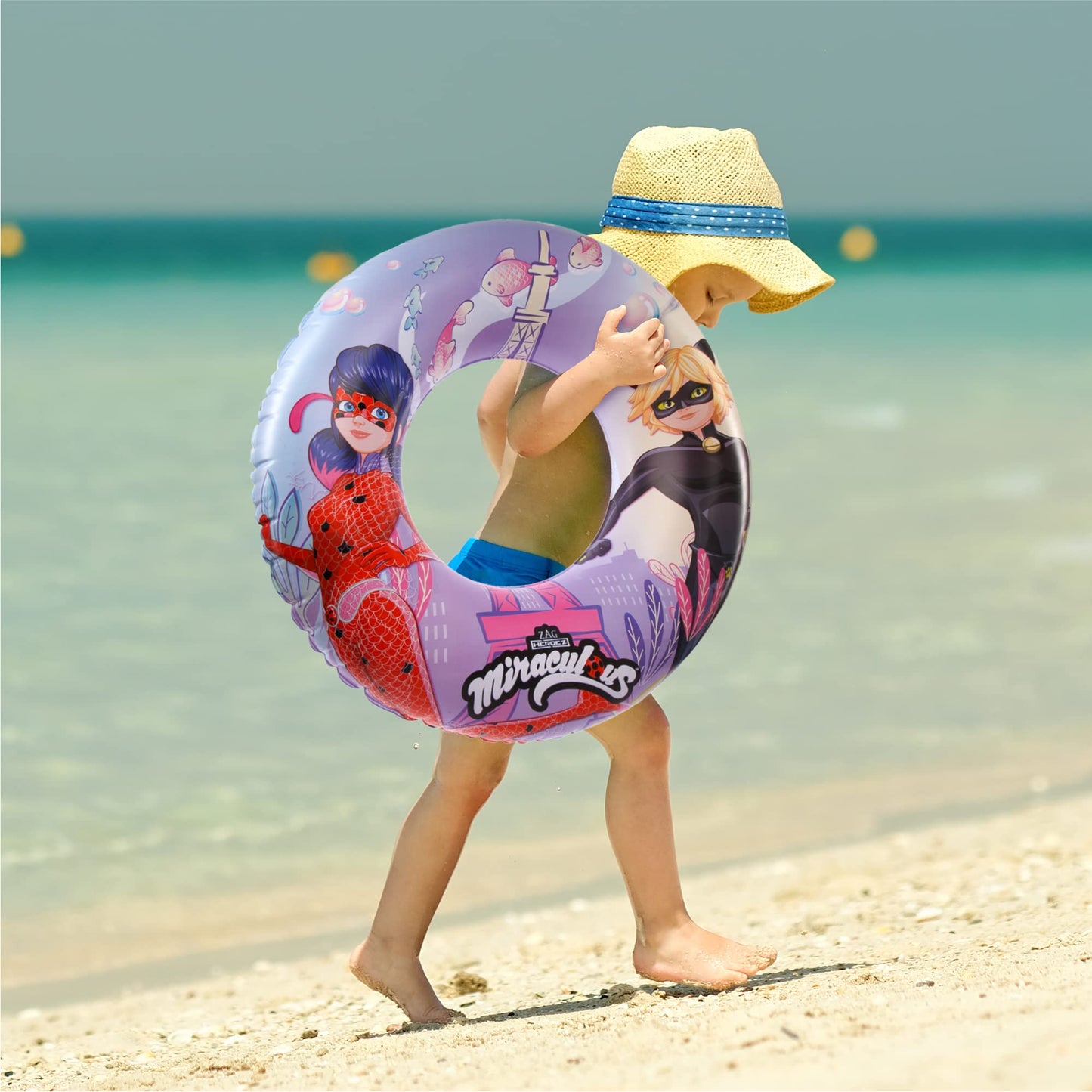 Miraculous Ladybug Officially Licensed Pool Float Raft Inflatable Tube - 30 Inches - Cat Noir and Ladybug - Filled with Star Confetti Glitter - Inner Tube Floatie Perfect for Beach  Pool  Lake