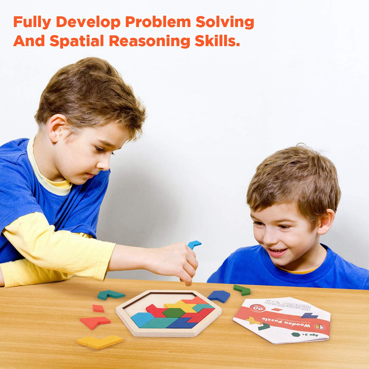 Vanmor Wooden Hexagon Tangram Puzzle - 3D Logic IQ Game, Basswood, 60 Challenges, STEM Educational Toy for Kids & Adults