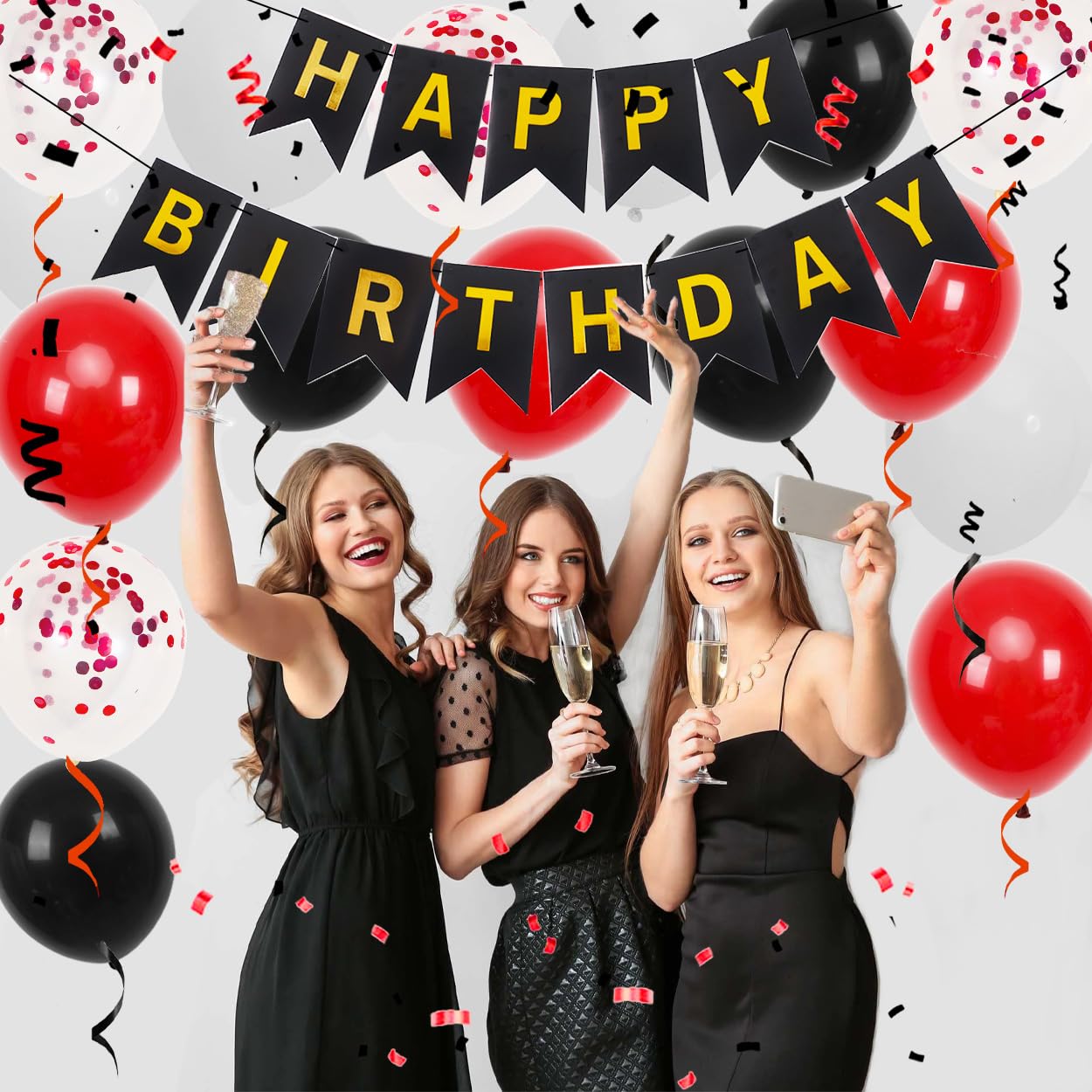 Happy Birthday Banner, Red Birthday Decoration, 16 Pcs 12 Inch Happy Birthday Balloons With 2 Ribbons For Men Women Girls And Bo