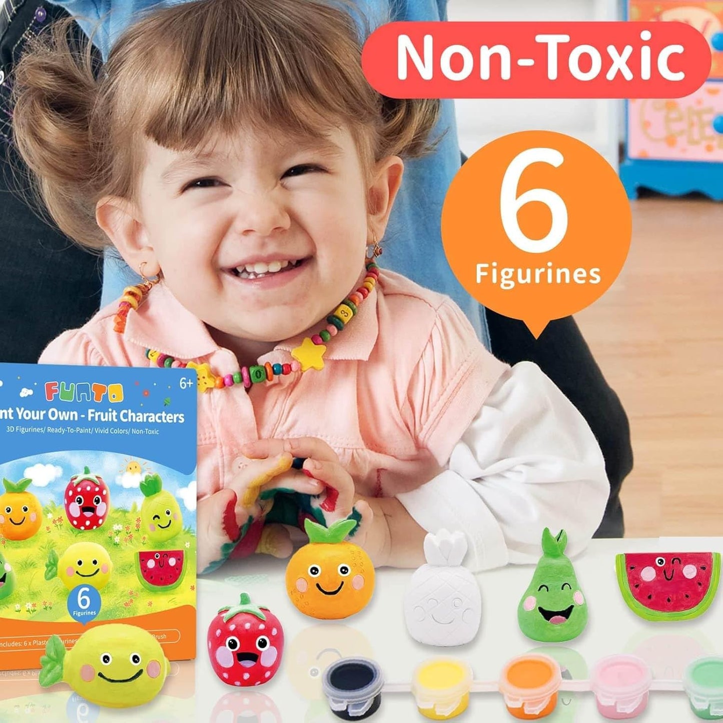 Funto Paint Your Own Fruits Painting Kit, 13 PCS Crafts Set for Kids, STEAM Project Creative Activity DIY Toys with 6 Figurines,