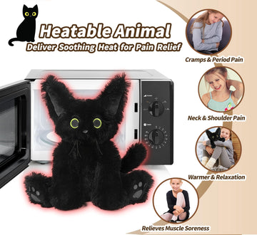 Cuckool Black Cat Stuffed Animals, Microwavable Stuffed Animals Heating Pad For Cramps, Pain Stress Relief, Heatable & Coolable