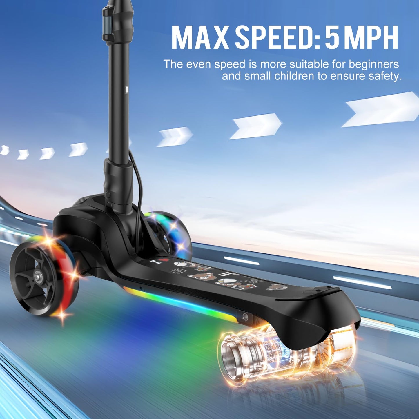 Electric Scooter for Kids Ages 3-12, 3-Wheel Electric Scooter, Electric Kick Scooter with 2 Speed, Long Battery Life, Bluetooth