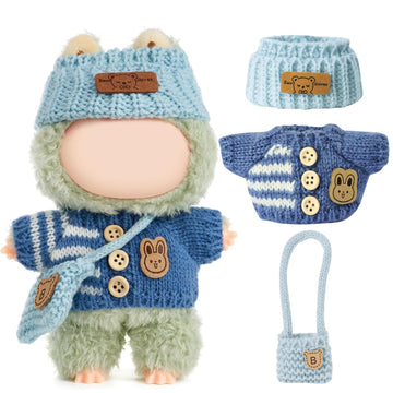 Clothes for LABUBU Doll (NO Doll)  Handcrafted Crochet 3-Piece Accessories for LABUBU 17cm Dolls  enhanced Outfit - Bunny Sweater + Hat + Bag  Cute Clothes for Dress up Unique Style (Blue)
