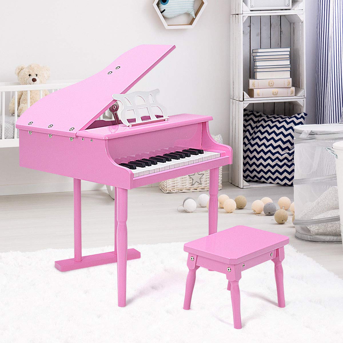 Goplus 30-Key Classical Kids Piano, Mini Grand Piano Wooden Learn-To-Play Musical Instrument Toy With Bench, Piano Lid, Music Rack, Gift For Boys Girls Aged 2+ Baby Tollder (3 Straight Leg-Pink)