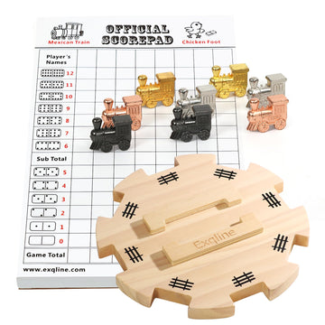 Exqline Mexican Train Dominoes Accessories - With 6.5' Pine Mexican Train Hub, 70-Sheets Mexican Train Score Pads And 8 Colored Die-Cast Train Markers, For Mexican Dominoes Train Game Set