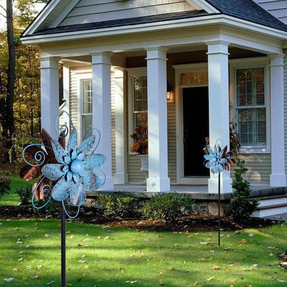Venniy Wind Spinners Outdoor, Metal Flower Garden Pinwheels, Garden Wind Sculptures & Spinners For Yard Lawn Patio Decor - Blue
