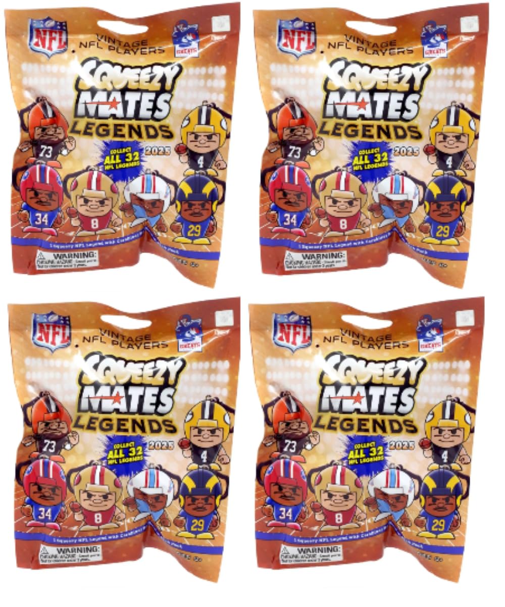 Teenymates Party Animal Squeezymates Series 2 Legends 2025 NFL Figures Blind Bags Gift Set Party Bundle - 4 Pack, Small