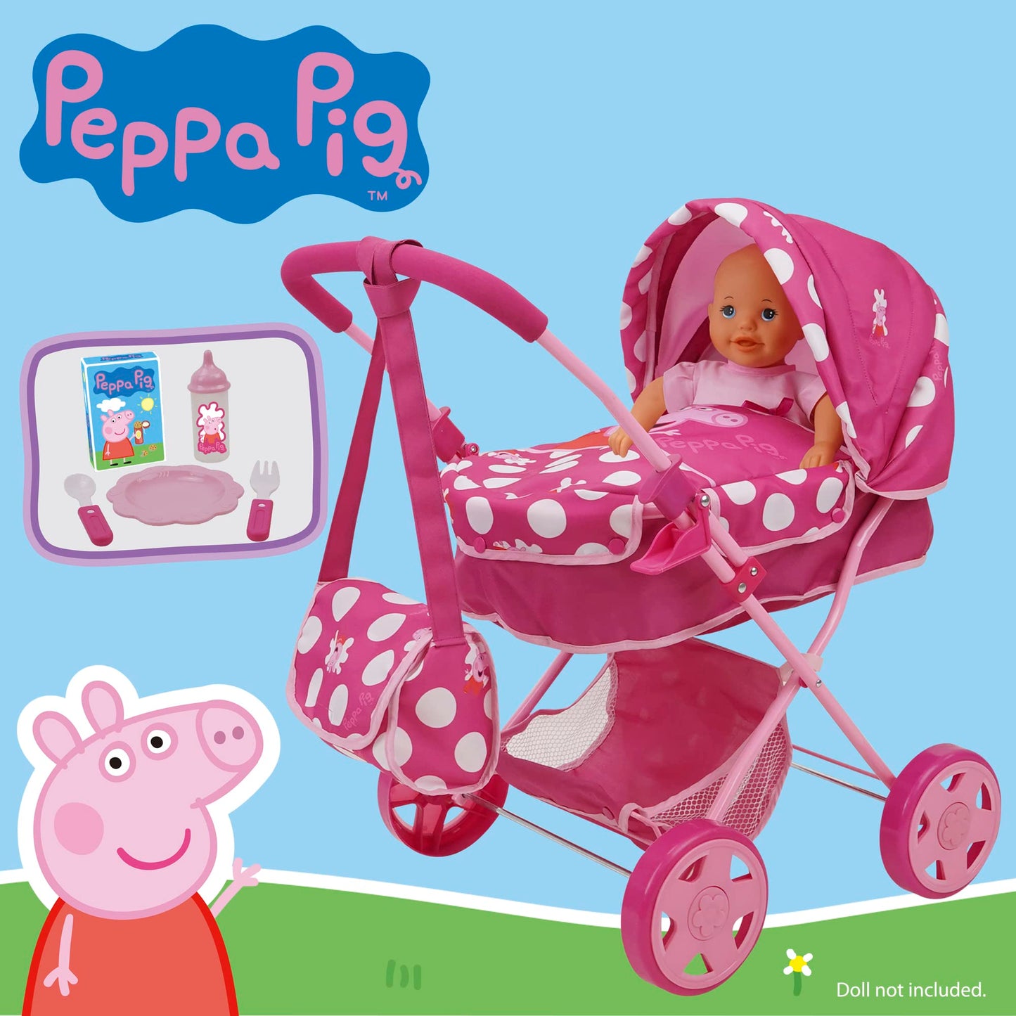 Peppa Pig Baby Classic Doll Pram Set, 7 Piece, Pink & White Dots, Fits Dolls Up to 18", Includes Canopy & Accessories, Model T838037