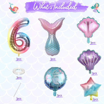 Mermaid 6Th Birthday Decorations, 8Pcs Mermaid Party Decorations Balloons, 40 Inch Rainbow Number 6 Balloon, Large Helium Foil Mermaid Tail Balloon, Seashell Balloons For Girls' 6Th Birthday Party
