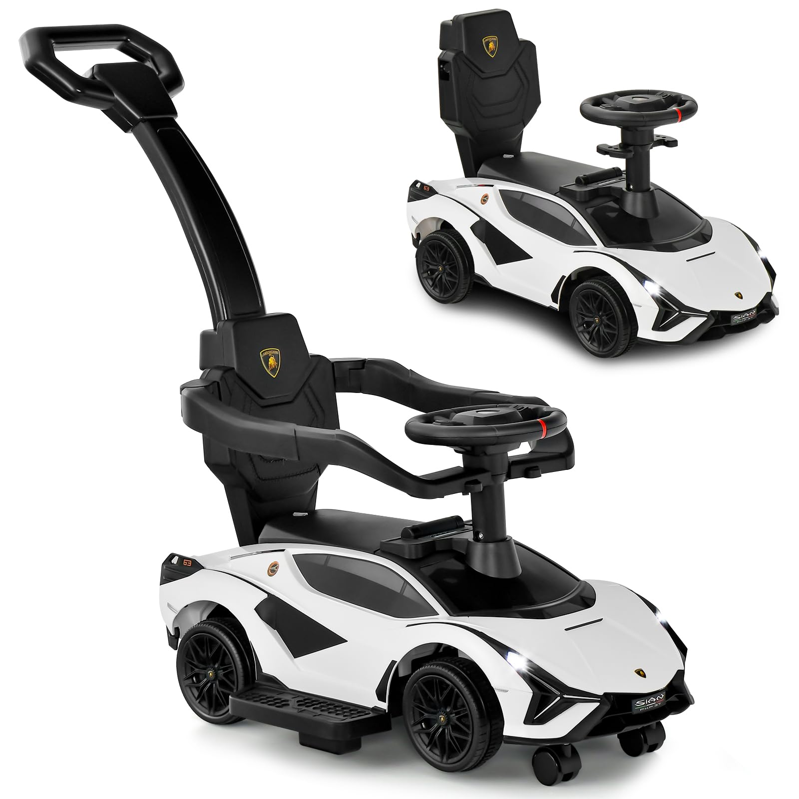 Infans 3 In 1 Ride On Push Car, Licensed Lamborghini Baby Stroller Sliding Walking Car With Push Handle, Music, Usb, Headlight, Under Seat Storage, Kids Foot-To-Floor Toy For 18-60 Months (White)