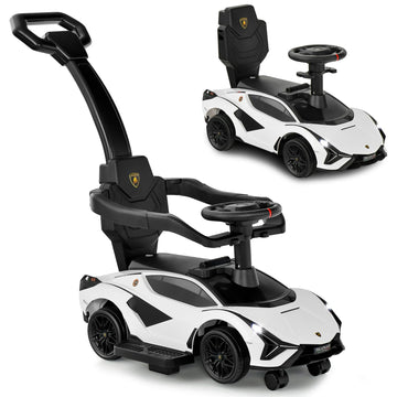 Infans 3 In 1 Ride On Push Car, Licensed Lamborghini Baby Stroller Sliding Walking Car With Push Handle, Music, Usb, Headlight, Under Seat Storage, Kids Foot-To-Floor Toy For 18-60 Months (White)