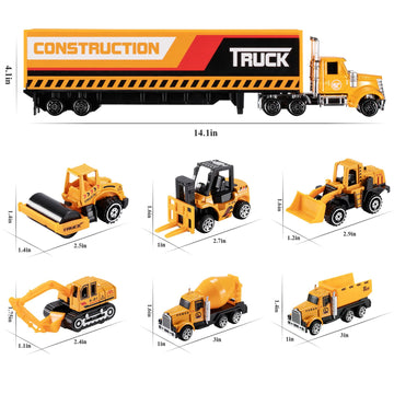 Temi Diecast Engineering Construction Vehicle Toy Set W/Play Mat,Truck Carrier, Forklift, Bulldozer, Excavator,Dump Truck, Alloy Metal Car Toys Set For 3 4 5 6 Years Old Toddlers Kids Boys & Girls