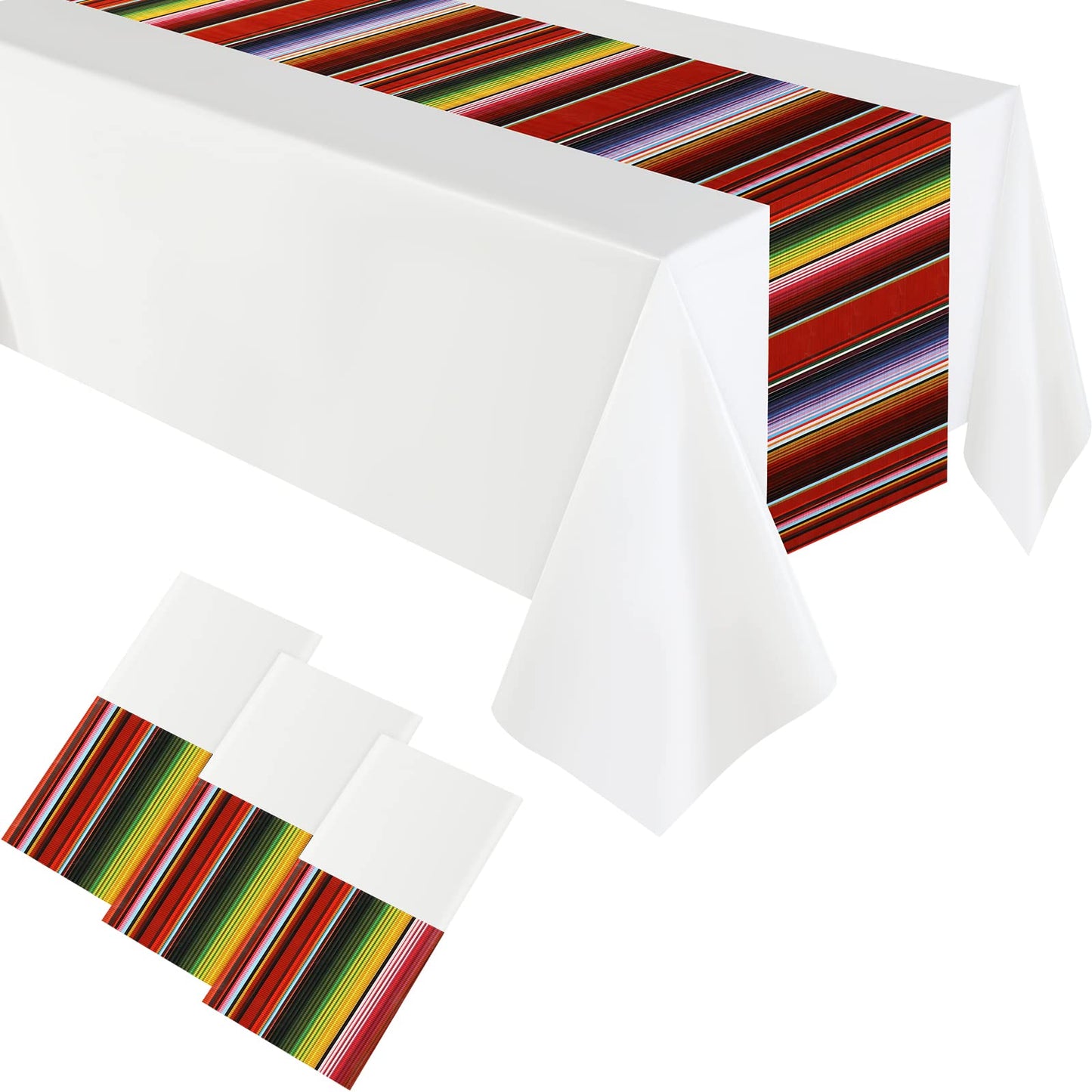 Remagr 3 Pcs Mexican Fiesta Tablecloth 108 x 54 Inch Plastic Striped Table Cover for Mexican Fiesta Party Decorations Supplies(W