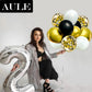 Aule Metallic Gold And Premium Latex Black White Balloons 60 Pack 12Inches And Black Gold Confetti Balloons With Gold Ribbons Se