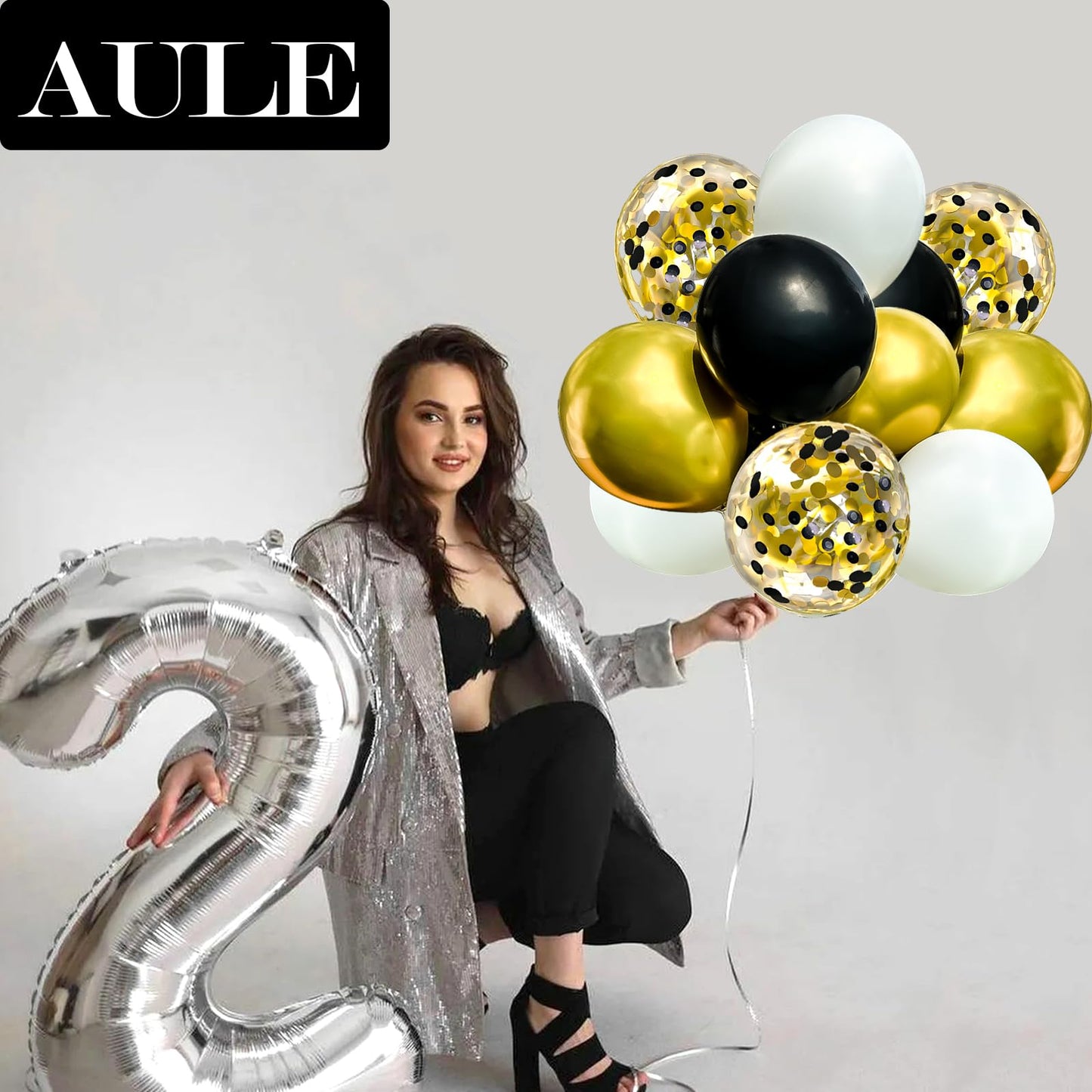Aule Metallic Gold And Premium Latex Black White Balloons 60 Pack 12Inches And Black Gold Confetti Balloons With Gold Ribbons Se