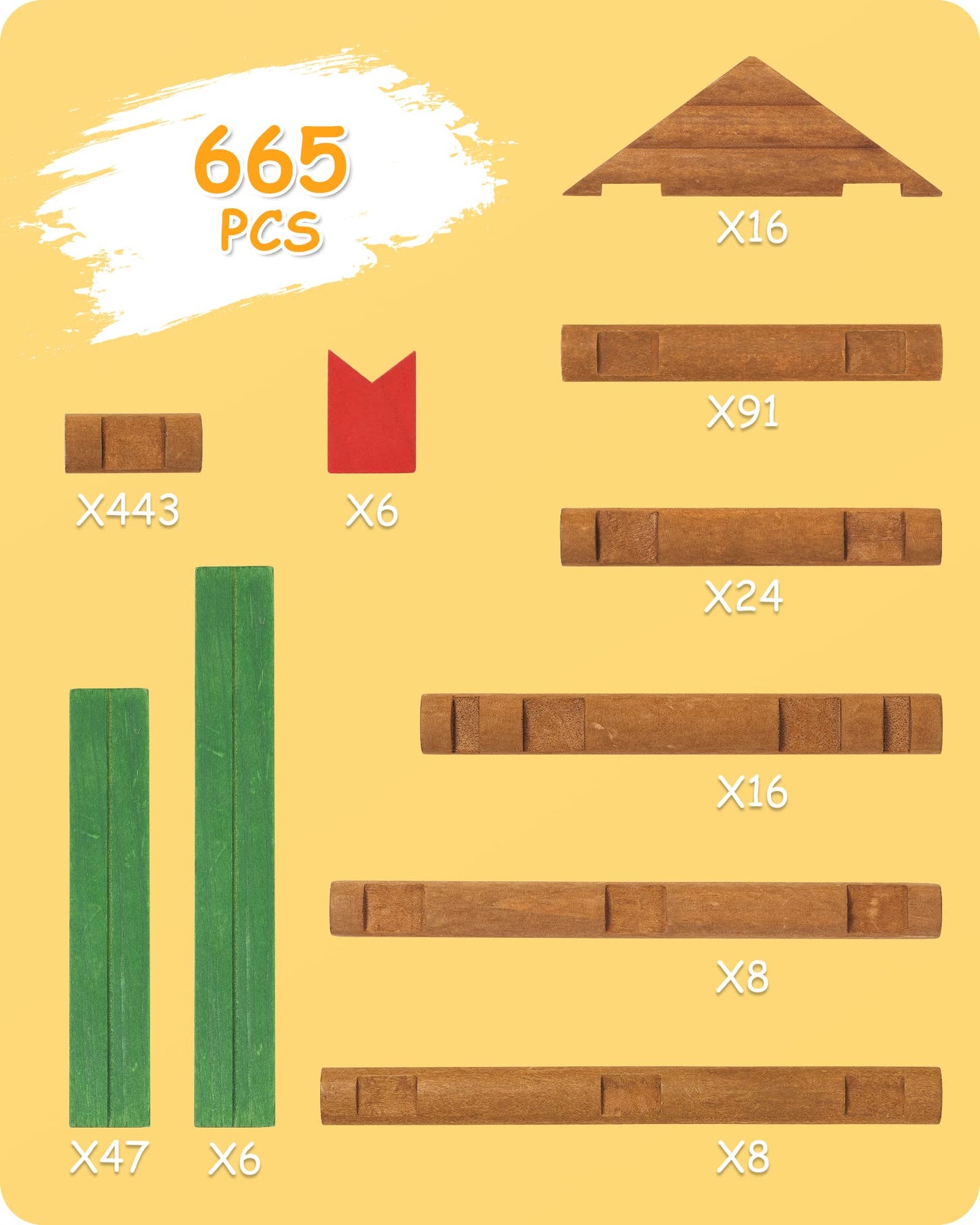 SainSmart Jr. Wooden Log Cabin Set - 665 PCS STEM Building Toy for Toddlers, Brown, Model 20-354, Compatible with Lincoln Logs
