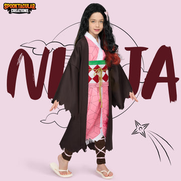 Spooktacular Creations Halloween Ninja Costumes For Kids, Girls Kimono Set With Wig, Toddlers Pink Anime Outfit For Halloween Cosplay Parties (Medium(8-10 Yrs))