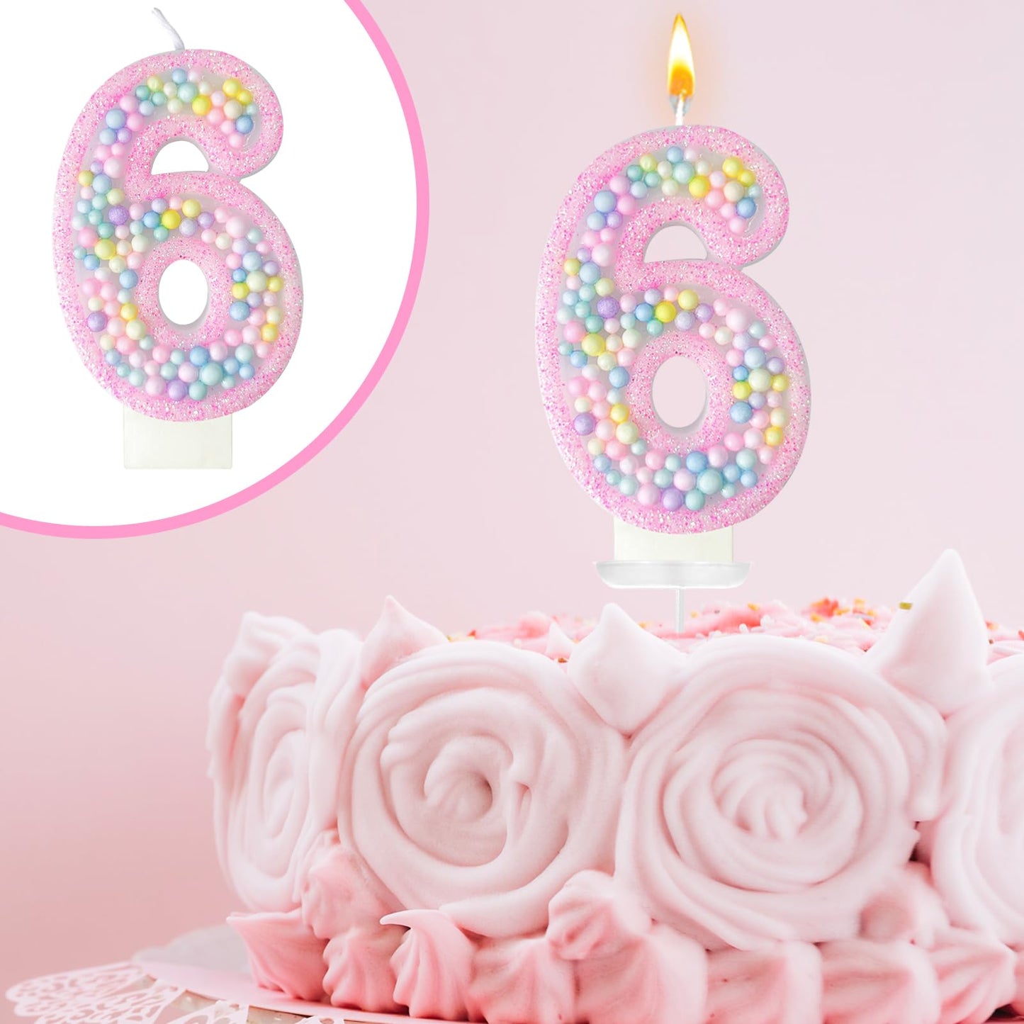 Zlongron Birthday Number Candles, Handmade Macaron 3D Flash Number 6 Candle, Suitable for Girls and Boys Birthdays, Weddings, A