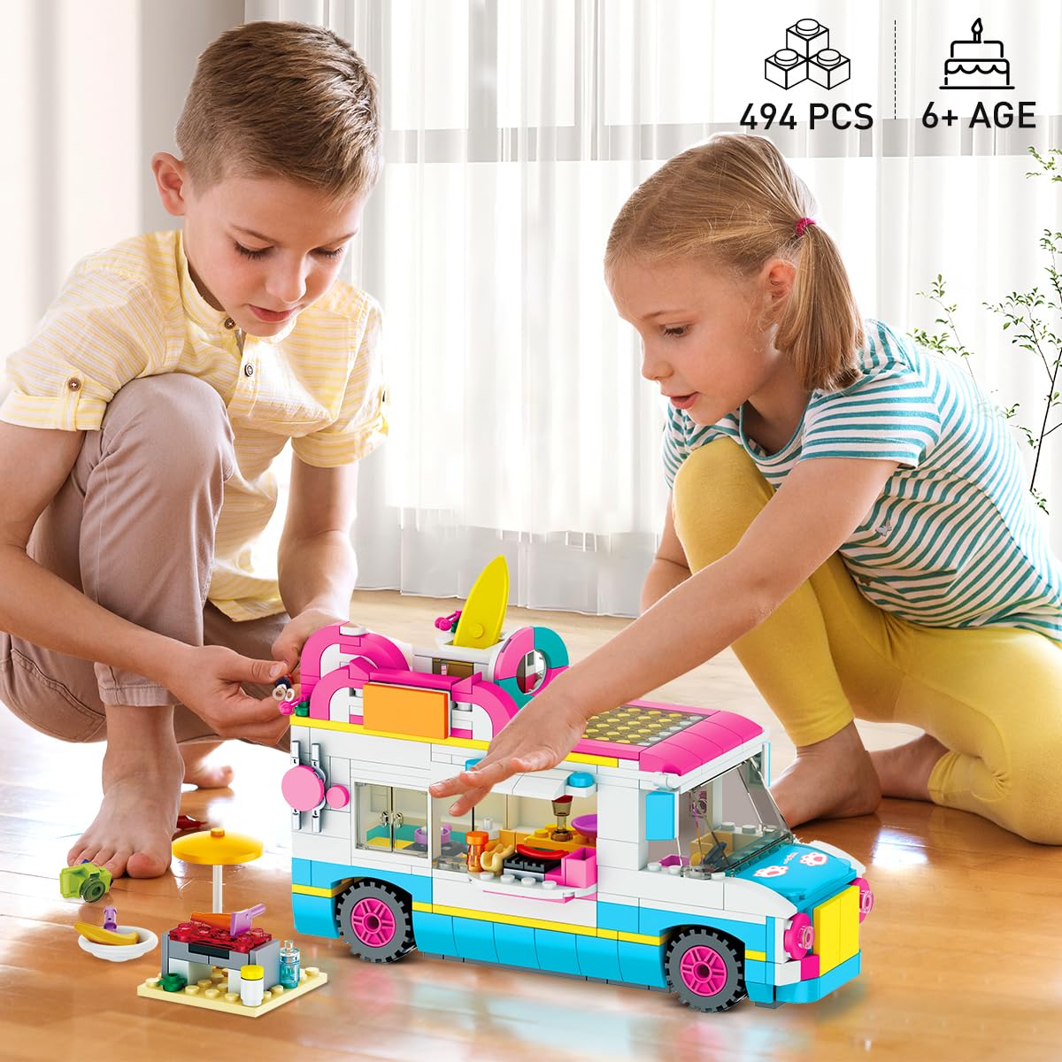 Cubimana 3-In-1 Cat Car Building Set, Girls Camper Van Building Block Sets, Ice Cream Truck City Bus Building Toys With Slide An