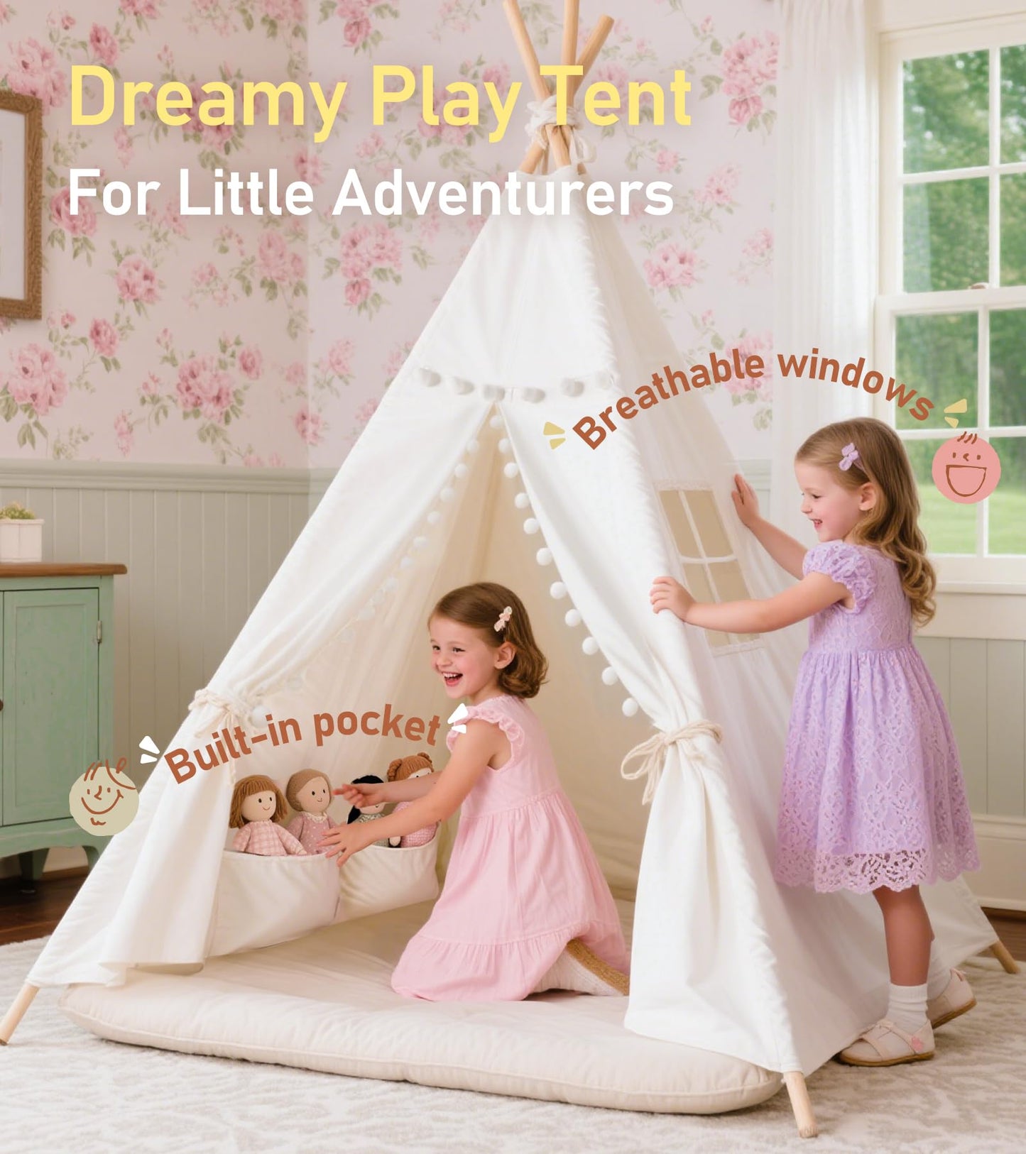 Teepee Tent with Starry Lights  Ground Mat and Pockets  Kids Teepee Tents for Indoor & Outdoor Use  Foldable Play Tents for Boys & Girls  Washable Toddler Play Tent for Birthdays & Holidays
