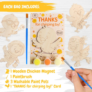 12 Pack Chicken Party Favors for Kids - Individually Wrapped Paint Your Own Wooden Magnet Craft Kits with Thank You Card, Farm B