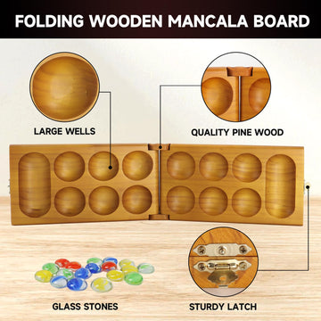 GSE Games & Sports Expert Folding Wooden Mancala Board Game with Multi-Color Glass Stones and Storage Bag  Portable Family Travel Strategy Games Set for Kids & mature-themeds (Oak)