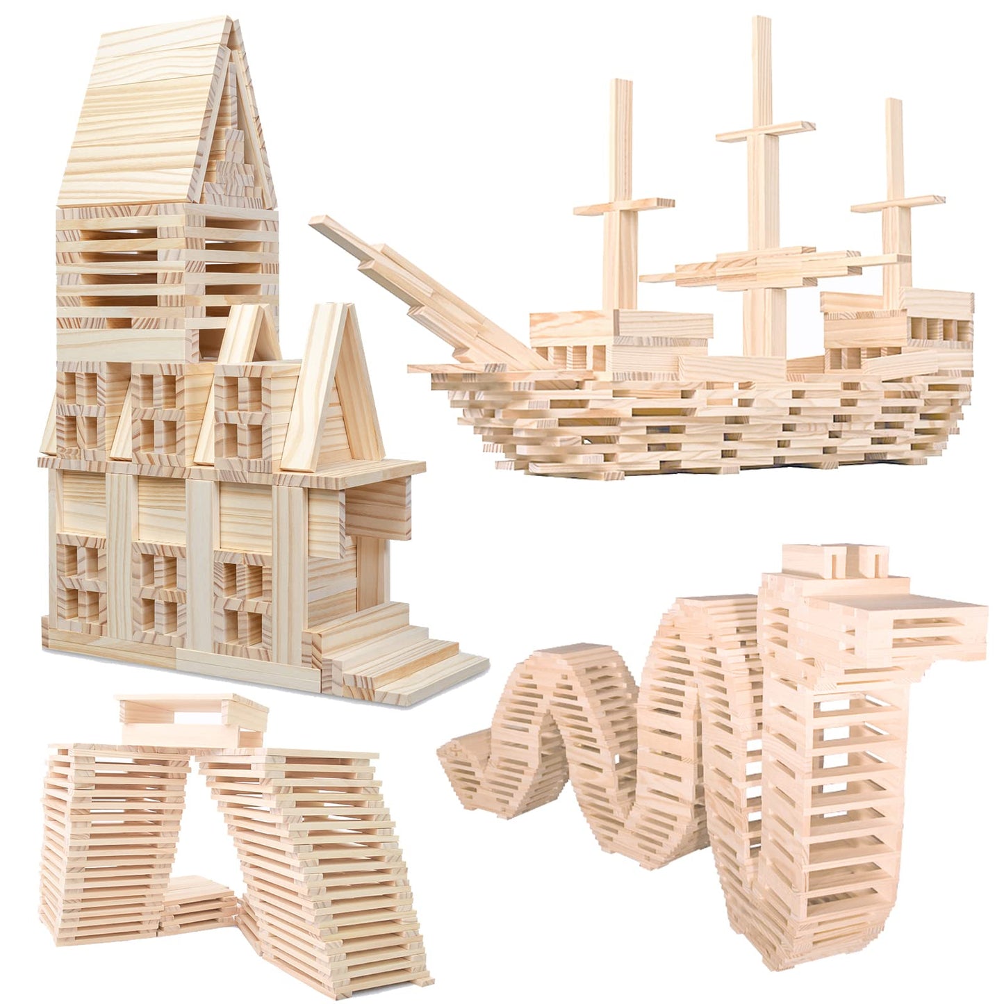 Nitoy Wooden Building Blocks 100Pcs Montessori Stem Toy For Kids, Solid Natural Pine Wood, Creative Shapes For 3D Space Stacking