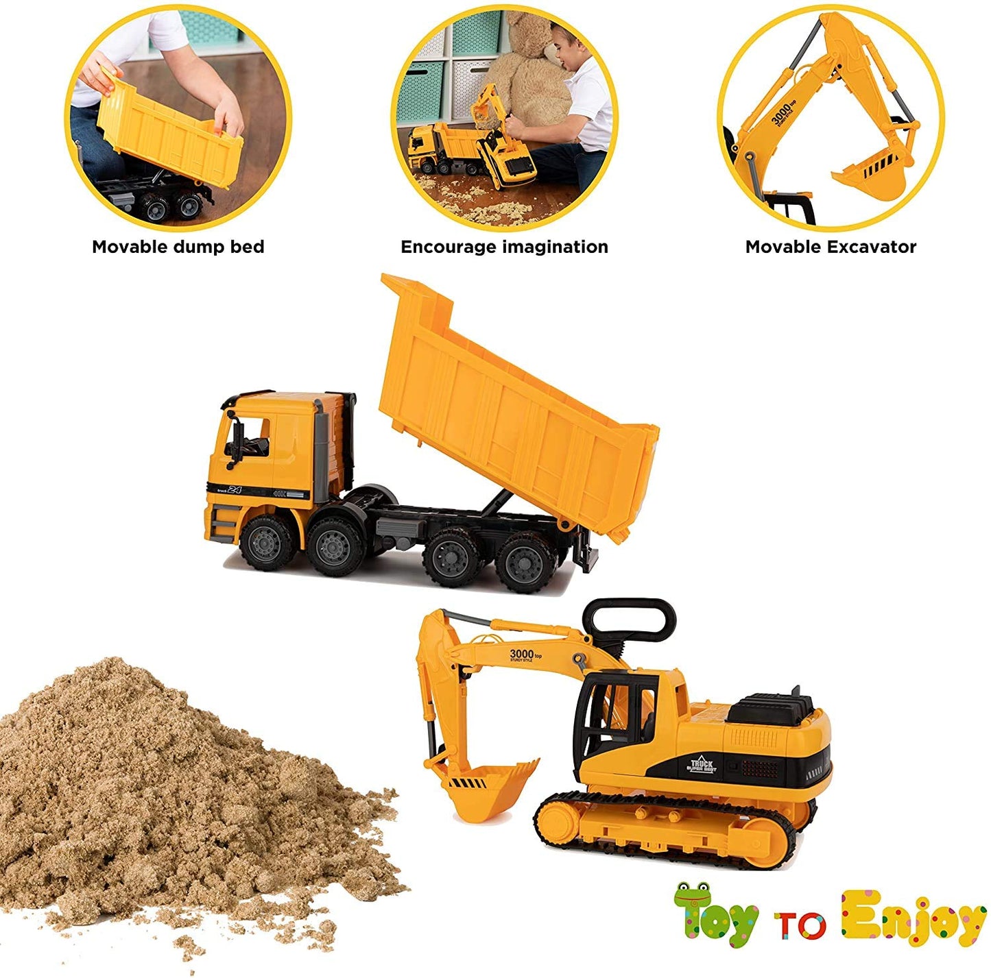 Toy To Enjoy Construction Toy Set - Excavator & Dump Truck, Moveable Claw, Yellow, Model 796752031743