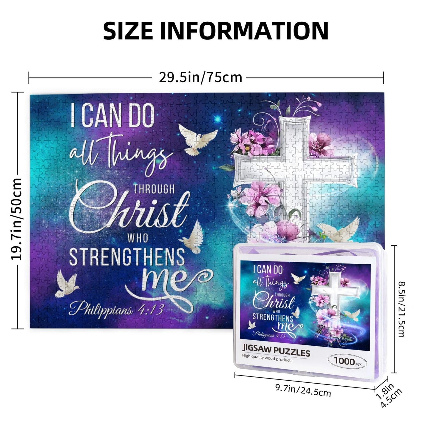 TREKTOTS Christian Jigsaw Puzzle 1000 Pieces, Wooden Shining Cross & Philippians 4:13, Silver, Faith-Based Gift for Adults