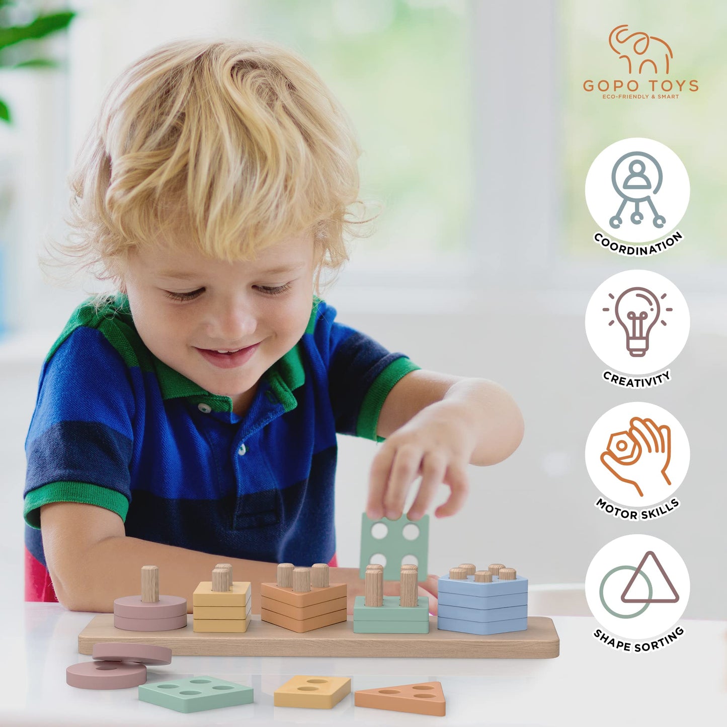 Gopo Toys Montessori Toys For 18+ Months Old - Toddlers Wooden Sorting And Stacking Toys For Baby Boys And Girls - Shape Sorter And Color Stacker Preschool Kids Wood Gifts
