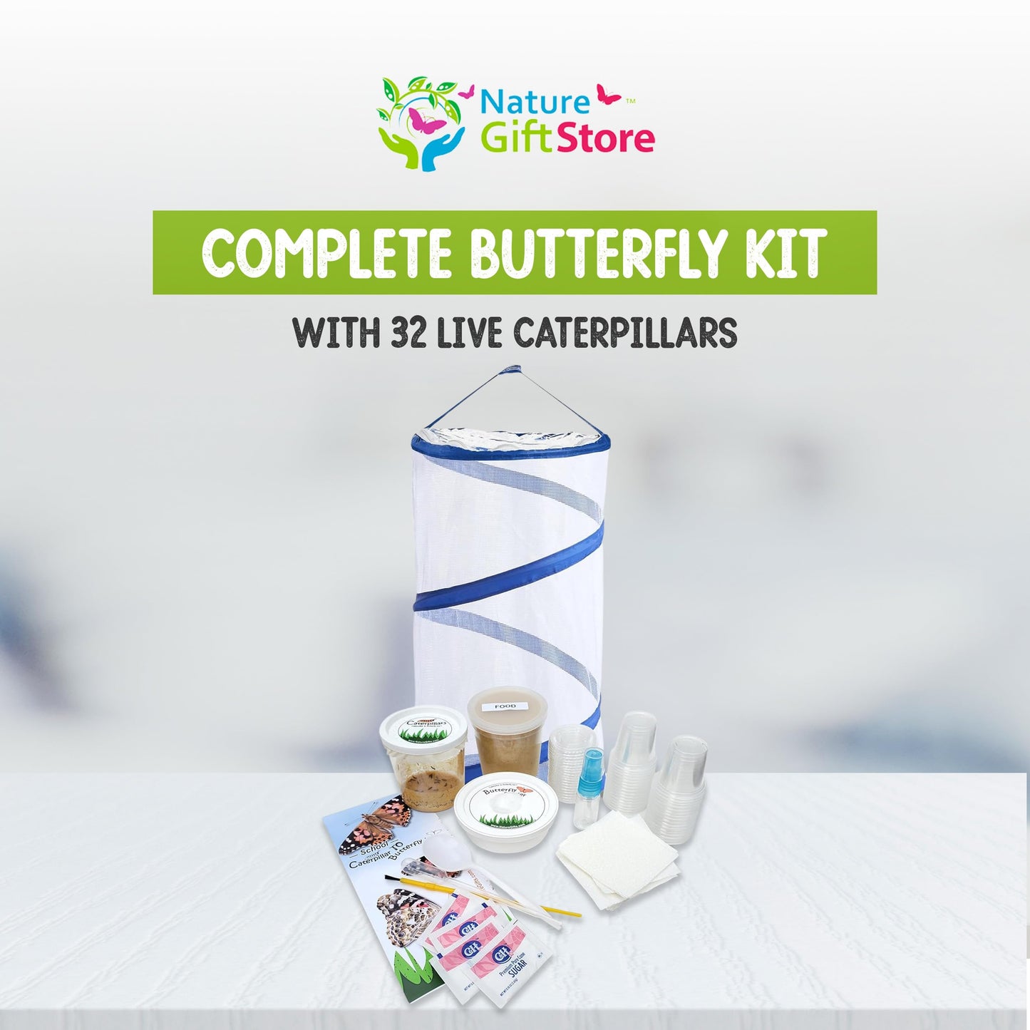 Nature Gifts Live Butterfly Kit - School-Sized Educational Experience With 32 Painted Lady Caterpillars - Pop-Up Cage, And Compr