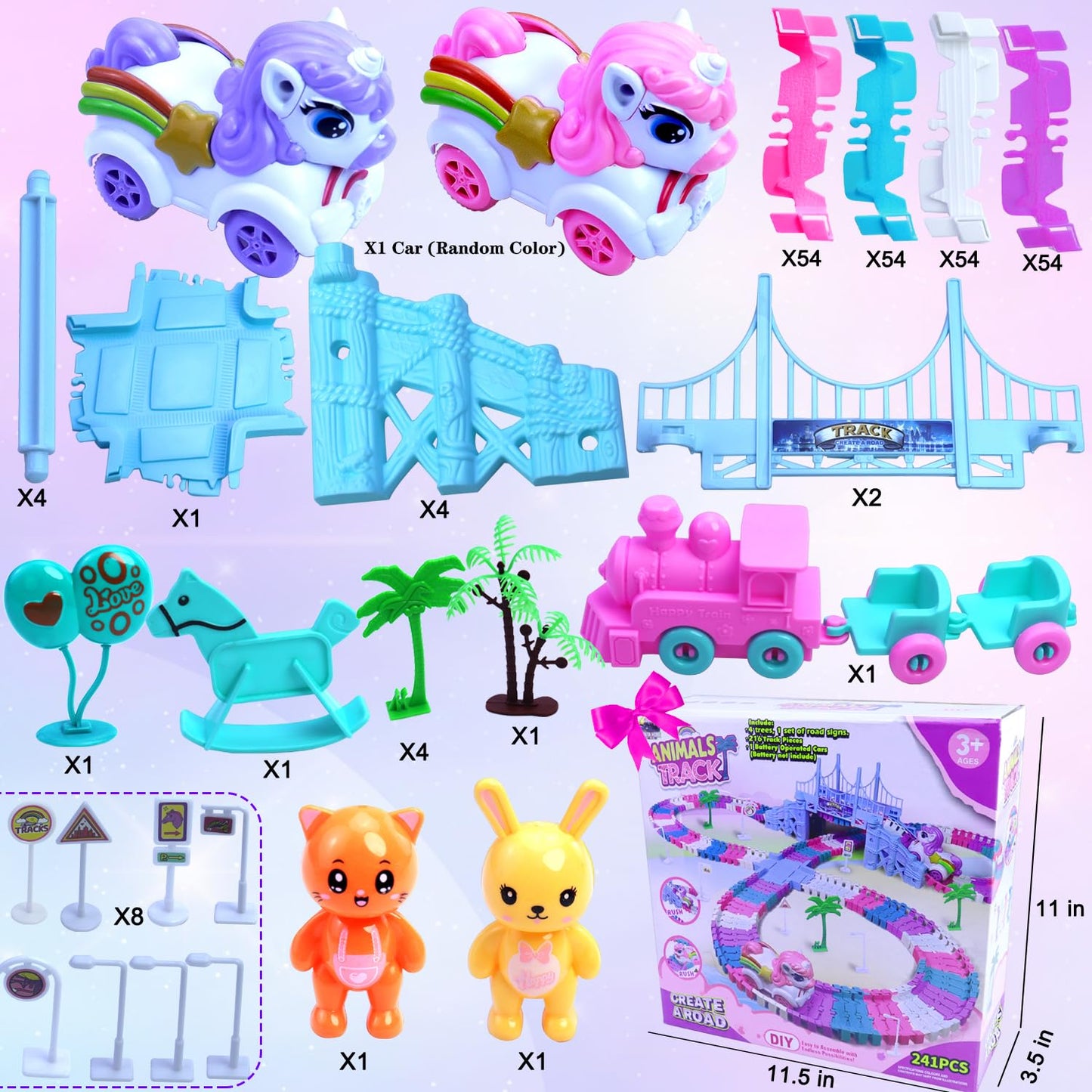 Yomwet Tracks Car Toys Set - 248 PCS Bendable Race Track, Unicorn Car & Pink Train - Large, Pink - Ideal Birthday Gift for Toddler Girls