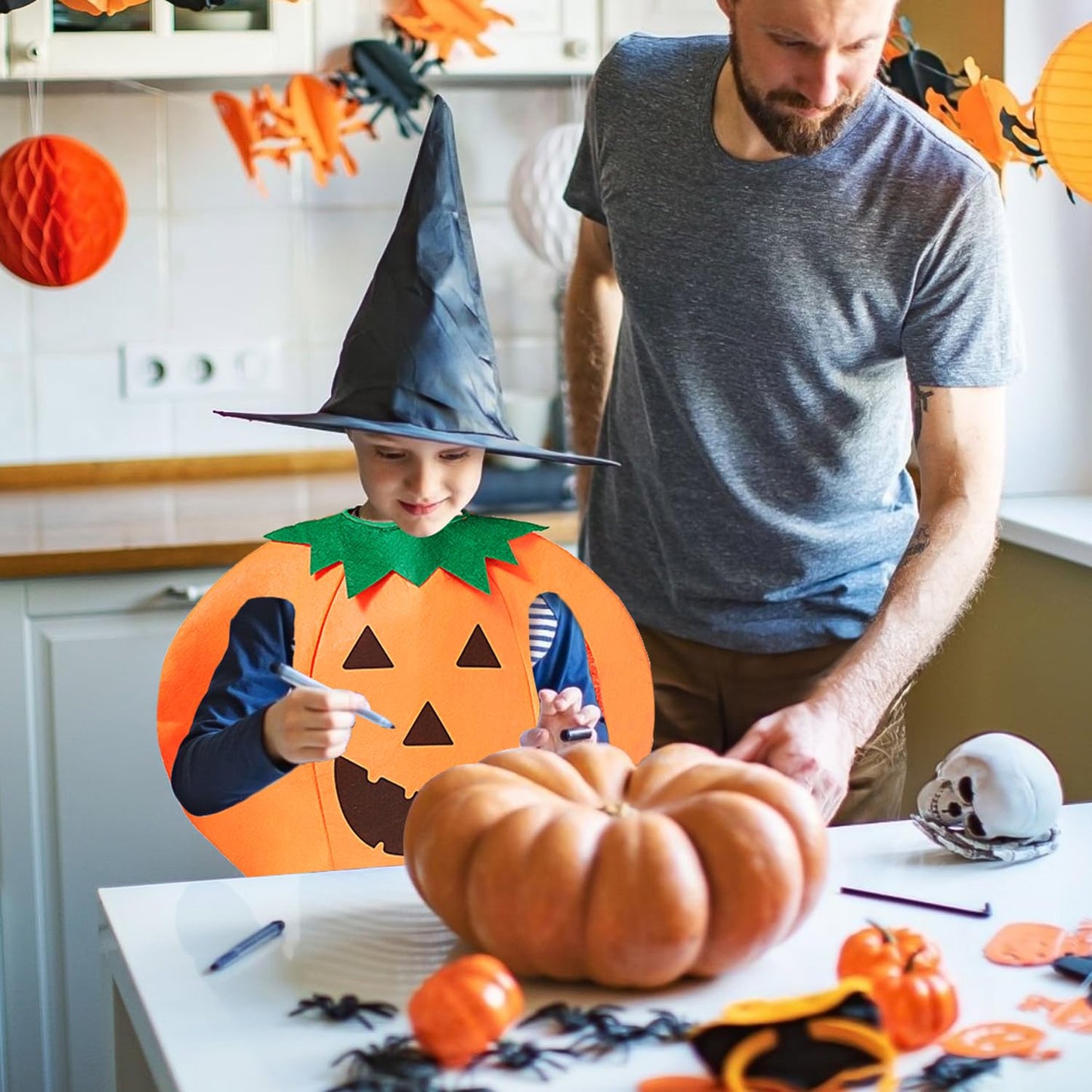 Clooouds 3Pcs Halloween Pumpkin Costume For Kids Children Halloween Pumpkin Cosplay Party Clothes With A Hat,A Bag