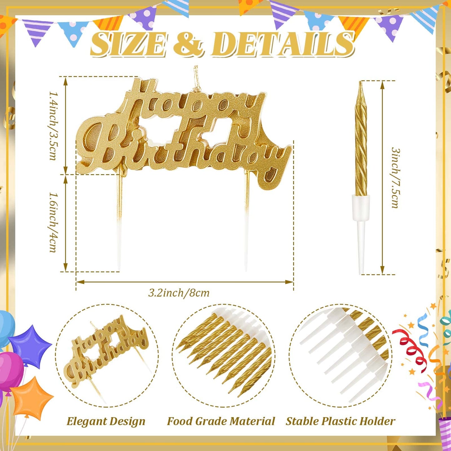 MTLEE Happy Birthday Candles Letter Cake Topper with 10 Pcs 2.95 Inch Short Thin Spiral Candles for Cake Topper Birthday Decorat