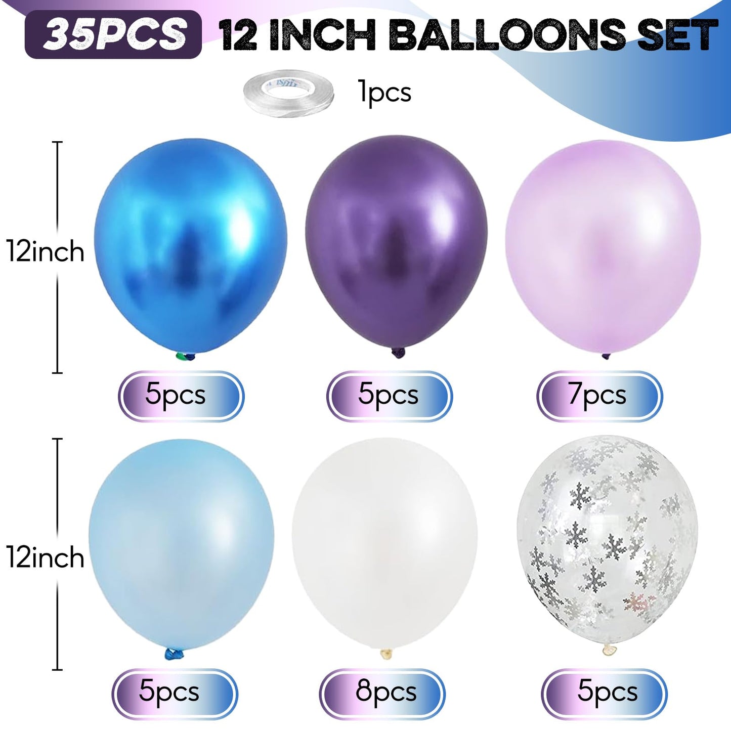 Frozen Balloons Set, 12 Inch Metallic Blue Purple Balloons Snowflake Confetti Latex Balloons Metallic Silver Helium Balloon Gril