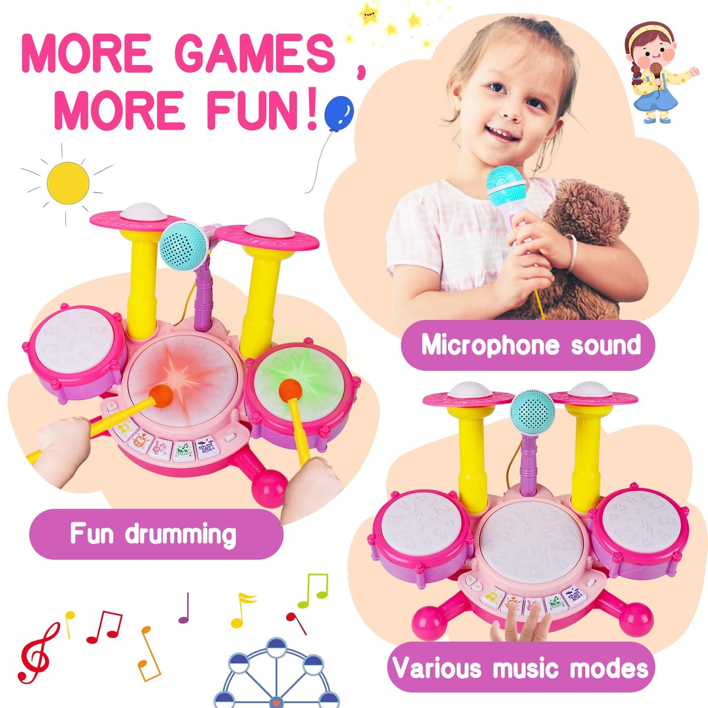 Basytodio Baby Toys 6-12 12-18 Months Musical Drum Set Toy With 2 Sticks Microphone Pink Toy For 1 2 Year Old Girl Music Instrument Learning Toddlers 0-2 1-3 3-5 Easter Gift For One Year Old Girls