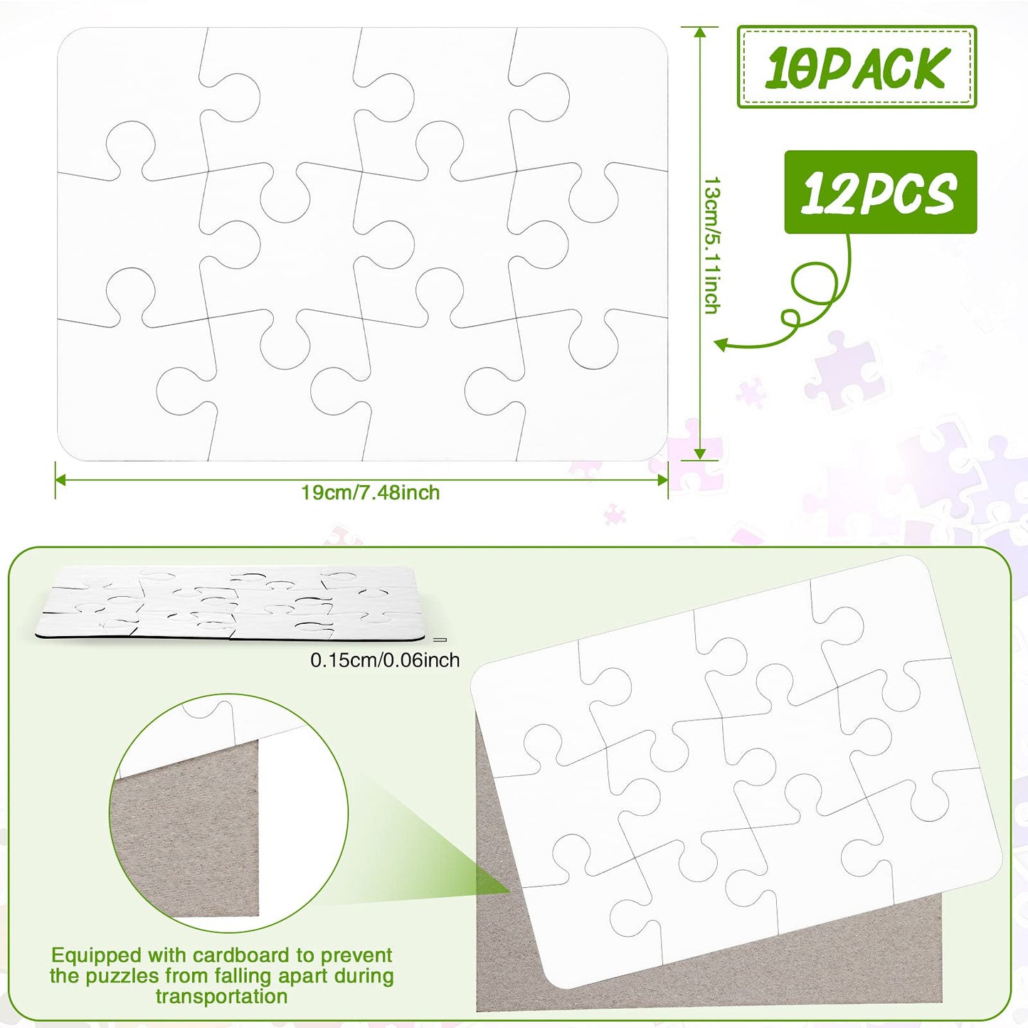 Sumind 10 Sets Blank Sublimation Puzzle Jigsaw Rectangle Heart Shaped White Diy Custom Puzzle Heat Press Thermal Transfer Pearl(A5-12 Rectangle)